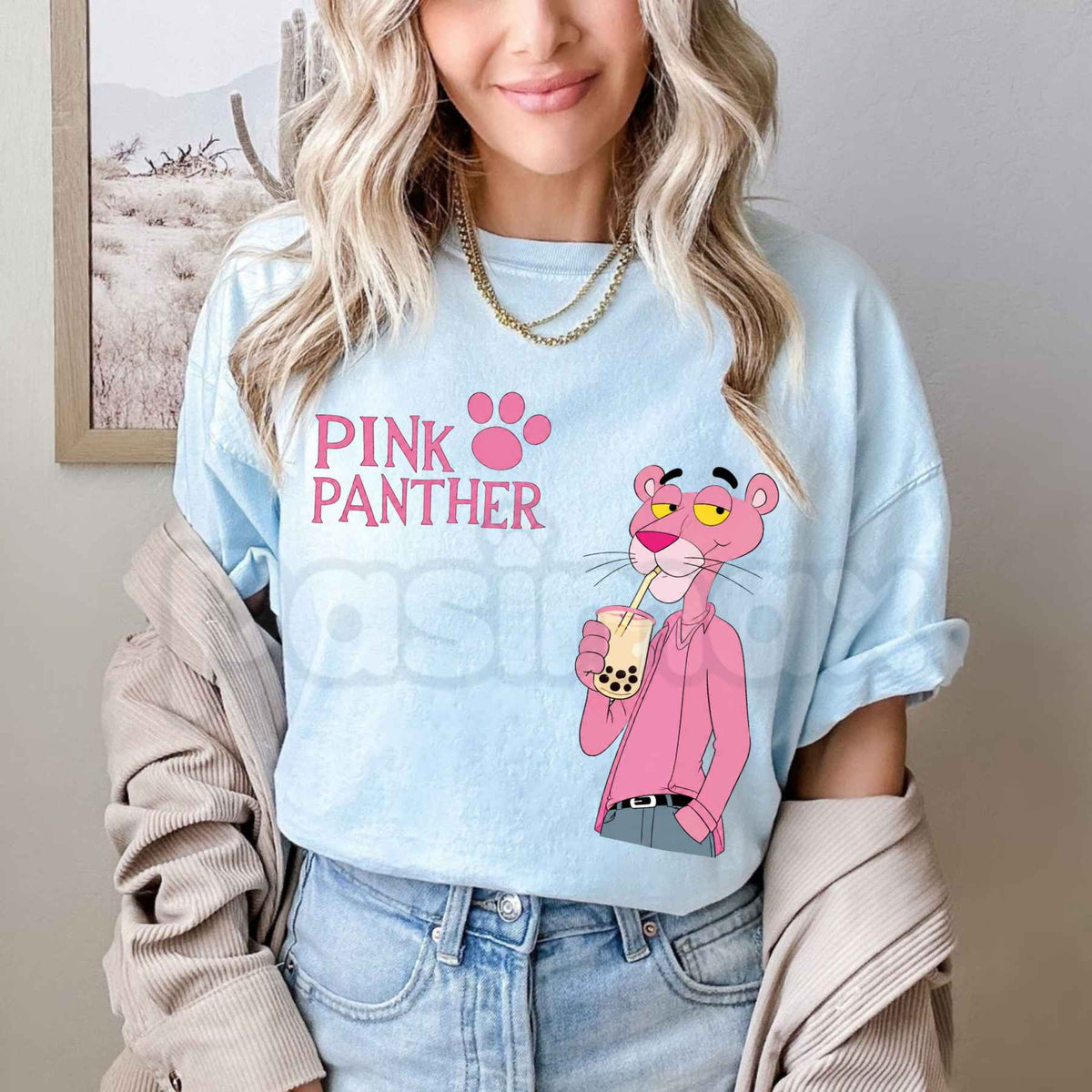 D Luxe Pink Panther Bubble Tea Graphic T-Shirt