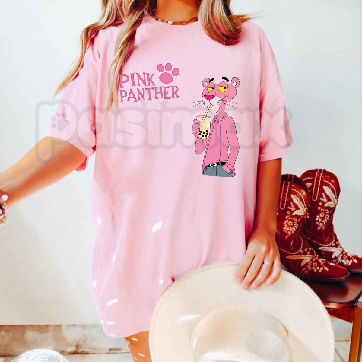 D Luxe Pink Panther Bubble Tea Graphic T-Shirt