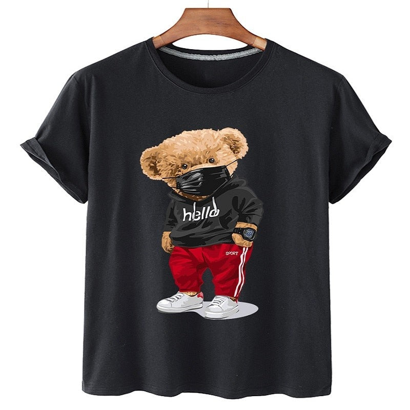 Premium Mask Bear Print Short-sleeved T-shirt Casual Oversized