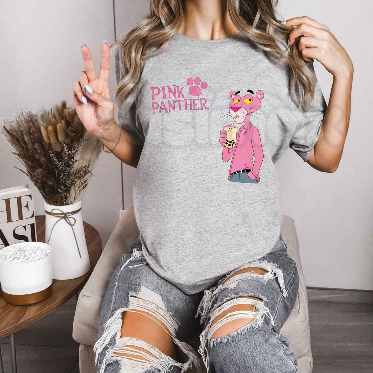 D Luxe Pink Panther Bubble Tea Graphic T-Shirt